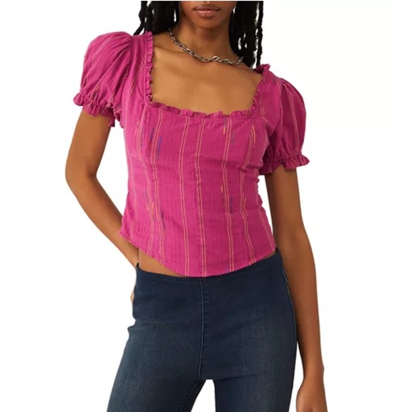 Free People Serotonin Corset Style Top Puff Sleeve Tie Back Rainbow Thread Small - Picture 1 of 12